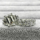 7Ct Emerald Radiant Diamond Bridal Set Trilogy Ring Band 14K White Gold Finish