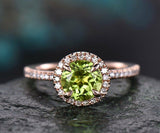 2.6Ct Round Cut Green Peridot Halo Solitaire Engagement Ring 18K Rose Gold Over