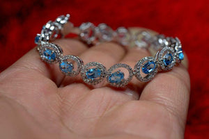 18ct Oval Cut Blue Topaz Diamond Halo Women Tennis Bracelet 14k White Gold Over