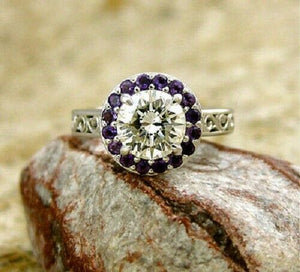 2Ct Round Cut Diamond Amethyst Halo Engagement Ring 14K White Gold Finish