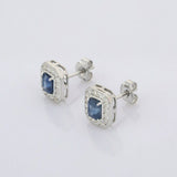 2.1ct Stud Earrings Emerald Cut Blue Sapphire Diamond Halo 14k White Gold Finish