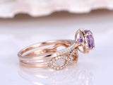 3ct Round Cut Purple Amethyst Halo Bridal Set Engagement Ring 14k Rose Gold Over