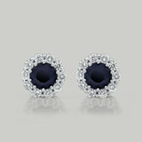 1.7ct Round Cut Blue Sapphire Diamond Halo Stud Earrings 14k White Gold Finish