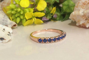 1.2ct Wedding Band Round Cut Blue Sapphire Half Eternity 14k Rose Gold Finish