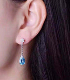 2ct Oval Blue Topaz Chain Vertical Drop Dangle Earrings 14k White Gold Finish