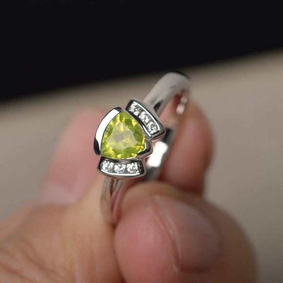 1ct Trillion Cut Green Peridot Unique Design Engagement Ring 14k White Gold Over