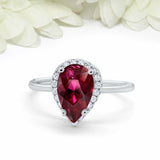 3ct Pear Pink Ruby Engagement Ring Diamond Halo Minimalist 14k White Gold Finish