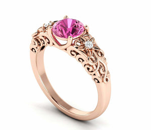 1.6ct Round Cut Pink Sapphire Floral Filigree Solitaire Ring 14k RoseGold Finish