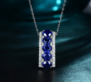 2.3ct Oval Cut Blue Sapphire Five Stone Pendant with Chain 14k White Gold Finish