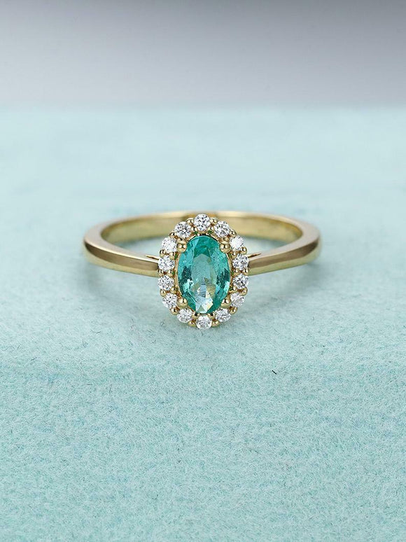 1.7ct Oval Cut Green Emerald Diamond Halo Solitaire Ring 14k Yellow Gold Finish