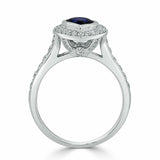 2Ct Pear Cut Blue Sapphire Bezel Set Diamond Halo Ring 14K White Gold Finish