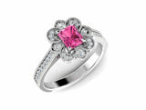 2.1ct Radiant Cut Pink Sapphire Milgrain Vintage Halo Ring 14k White Gold Finish