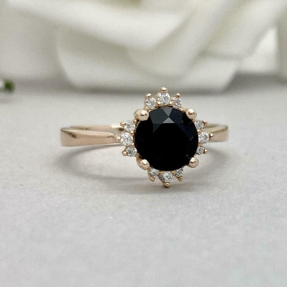 1ct Engagement Ring Round Cut Black Diamond Halo Solitaire 14k YellowGold Finish