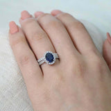 2.5ct Oval Cut Blue Sapphire Engagement Ring Halo Bridal Set 14k White Gold Over