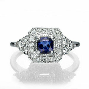 2ct Cushion Cut Blue Sapphire Halo Art Deco Engagement Ring 14k WhiteGold Finish