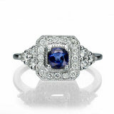 2ct Cushion Cut Blue Sapphire Halo Art Deco Engagement Ring 14k WhiteGold Finish