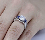 2ct Round Cut Diamond Blue Sapphire Bridal Set Trilogy Ring 14k WhiteGold Finish