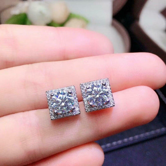 1.5ct Stud Earrings Round Cut Diamond Halo Design 14k White Gold Finish