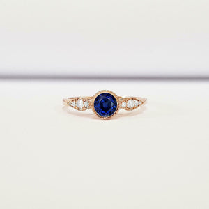 0.5ct Round Blue Sapphire Milgrain Solitaire with Accent Ring 14k Rose Gold Over