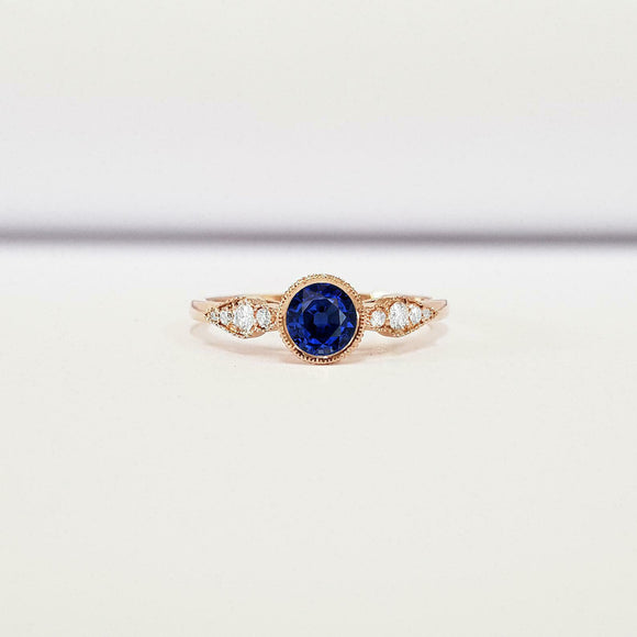 0.5ct Round Blue Sapphire Milgrain Solitaire with Accent Ring 14k Rose Gold Over