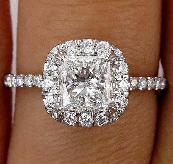 2.5Ct Radiant Cut VVS1 Diamond Accent Halo Engagement Ring 14K White Gold Finish