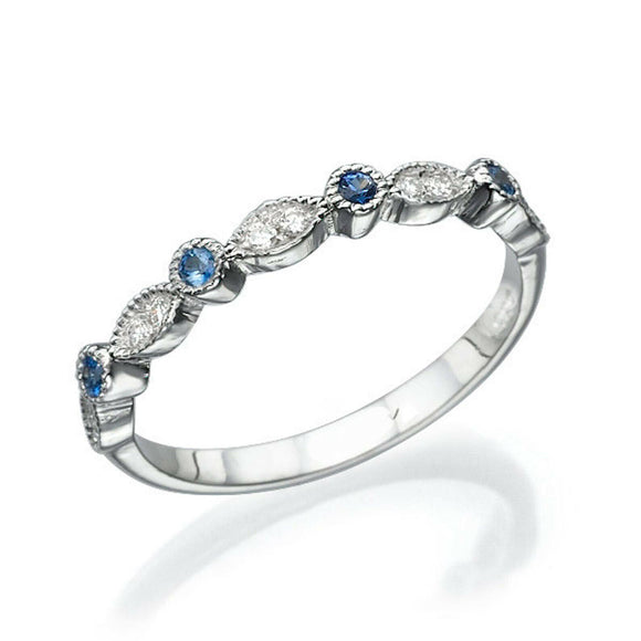 1ct Round Blue Sapphire Wedding Band Stackable Half Eternity 14k White Gold Over