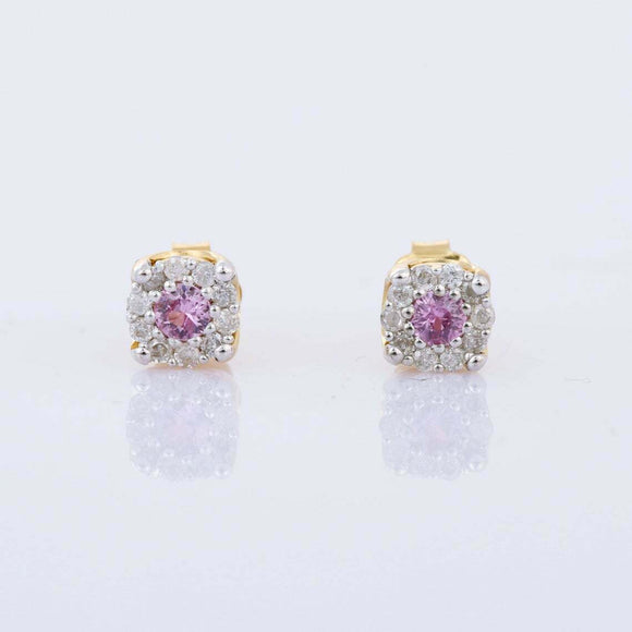 1ct Stud Earrings Round Cut Pink Sapphire Halo Design 14k Yellow Gold Finish