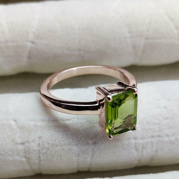 1.5ct Engagement Ring Emerald Cut Green Peridot Solitaire 14k Rose Gold Finish