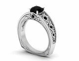 Milgrain Solitaire with Accents Ring 2ct Round Black Diamond 14k White Gold Over