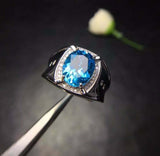 3.5ct Oval Cut Blue Topaz Halo Signet Engagement Men Ring 14k White Gold Finish