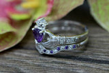 2ct Heart Purple Amethyst Engagement Ring Claddagh Bridal Set 14k WhiteGold Over