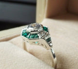 5Ct Round Cut Diamond Emerald Halo Art Deco Engagement Ring 14K White Gold Over