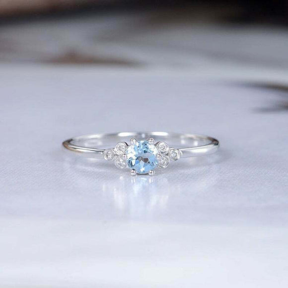 1ct Round Blue Aquamarine Engagement Ring Petite Minimalist 14k White Gold Over