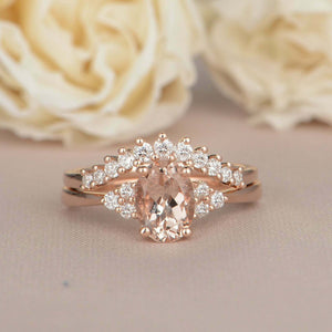 2.3ct Oval Cut Morganite Engagement Ring Curved Bridal Set 14k Rose Gold Finish