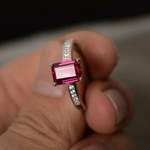 1ct Emerald Cut Pink Ruby Engagement Ring 14k WhiteGold Finish Accents Solitaire