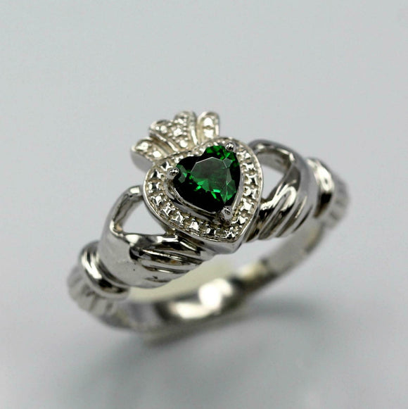 1ct Heart Cut Green Emerald Engagement Ring Claddagh Irish 14k White Gold Over