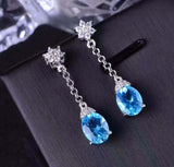 2ct Oval Blue Topaz Chain Vertical Drop Dangle Earrings 14k White Gold Finish