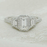 2.5ct Emerald Cut Diamond Halo Ring 14k White Gold Finish with Round Accents