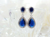 4ct Pear Cut Blue Sapphire Water Tear Halo Drop Earrings 14k White Gold Finish