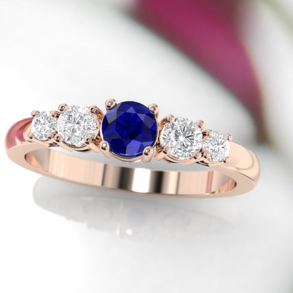 2.6ct Round Cut Blue Sapphire Engagement Ring 14k Rose Gold Finish Five Stone