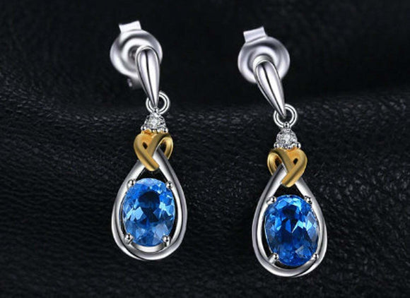 2ct Drop Earrings Oval Cut Blue Topaz Twist Heart 14k White Gold Finish