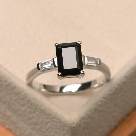 2ct Emerald Cut Black Diamond Engagement Ring Three Stone 14k White Gold Finish