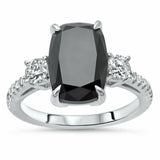 4Ct Elongated Cushion Black Diamond Accents Solitaire Ring 14K White Gold Finish