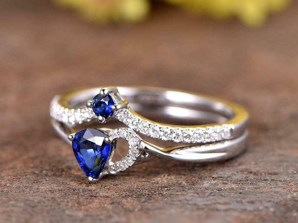 1ct Pear Blue Sapphire Curved Band Stylish Ring Bridal Set 14k White Gold Finish