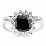 3Ct Cushion Cut Black Diamond Floral Halo Solitaire Ring 14K White Gold Finish