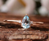 1ct Pear Blue Aquamarine Engagement Ring Minimalist Trilogy 14k Rose Gold Finish