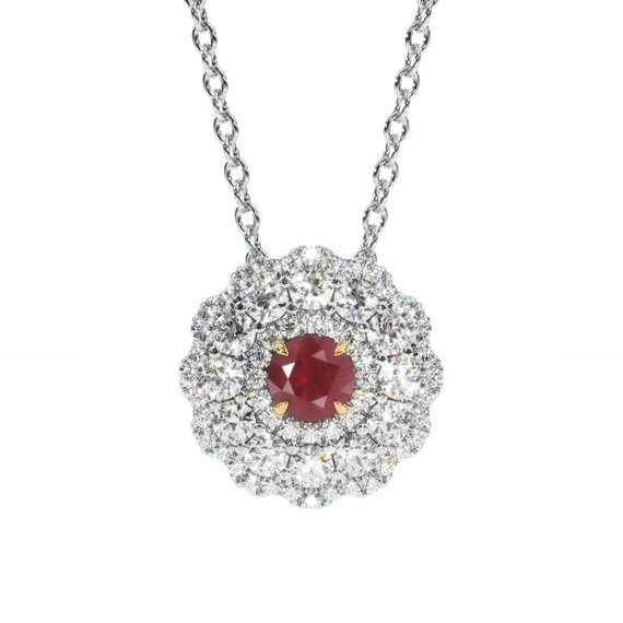 2ct Round Cut Red Garnet Pendant with Chain Double Halo 14k White Gold Finish