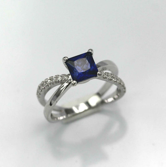 2ct Princess Blue Sapphire Diamond Split Band Engagement Ring 14k WhiteGold Over