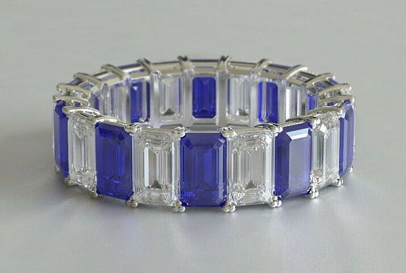 5ct Emerald Cut Alternate Blue Sapphire Diamond Eternity Band 14k WhiteGold Over