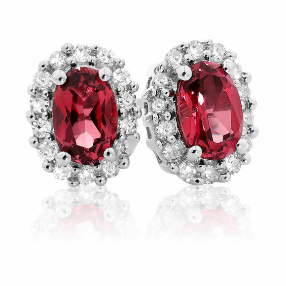 1.5ct Oval Cut Red Garnet Halo Design Stud Earrings 14k White Gold Finish